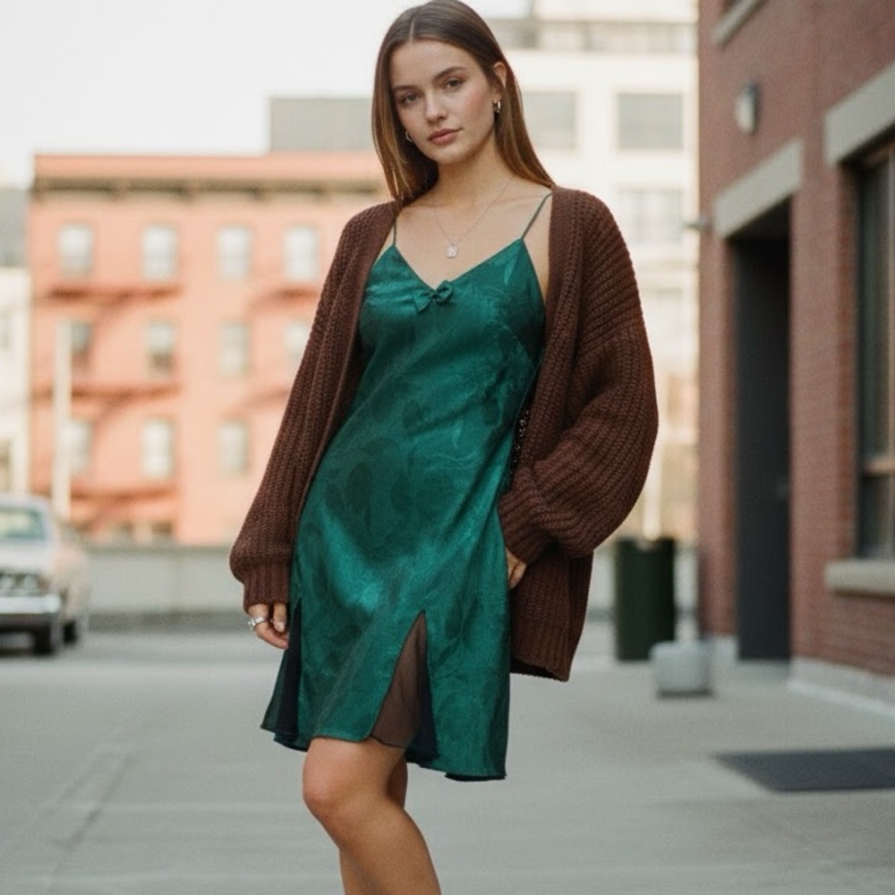 1990s Victoria’s Secret Hunter Emerald Green Satin Lingerie Slip Dress Chemise M